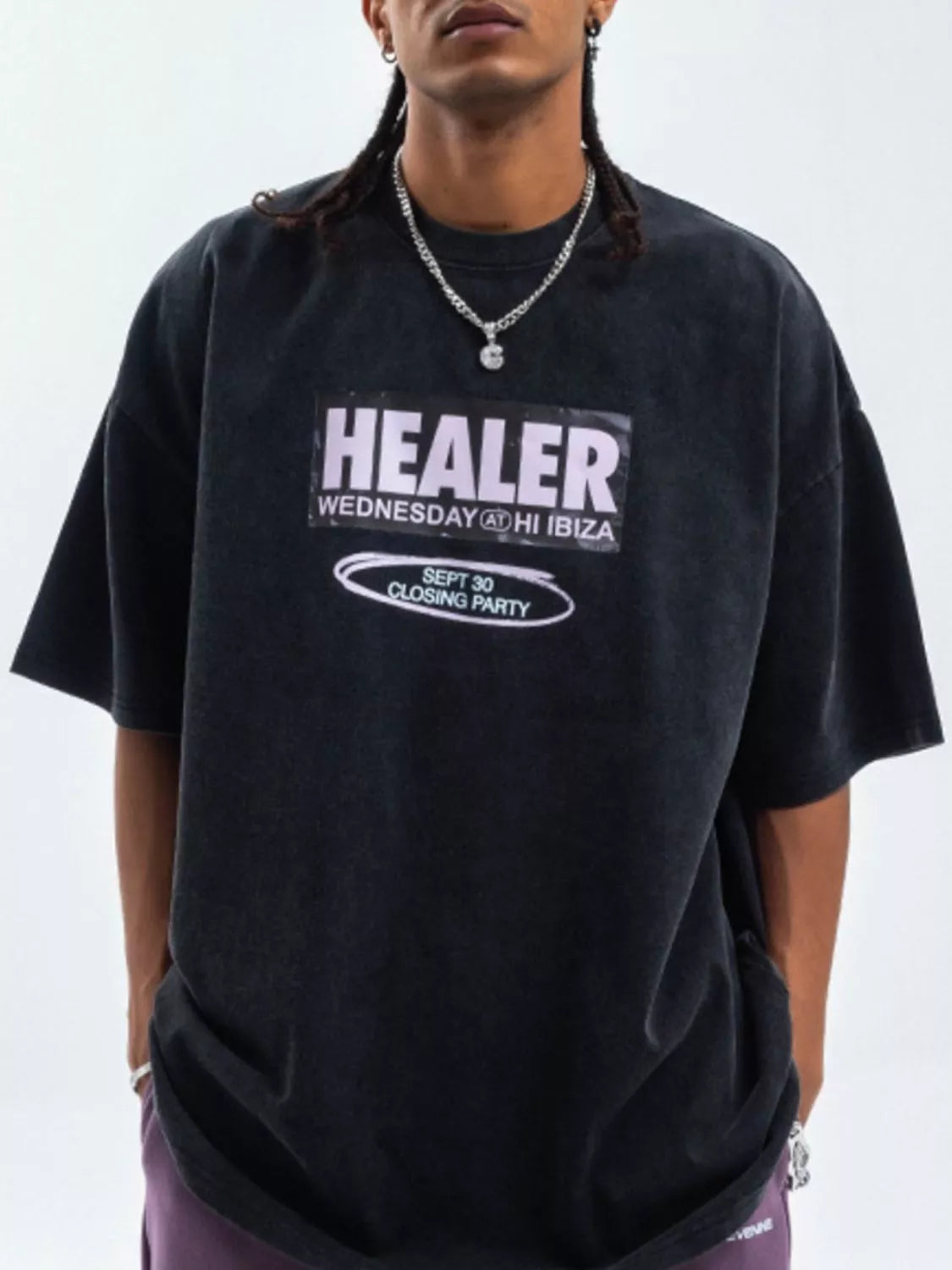 Men's Letter Round Neck Half Sleeve T-Shirt Wash Black