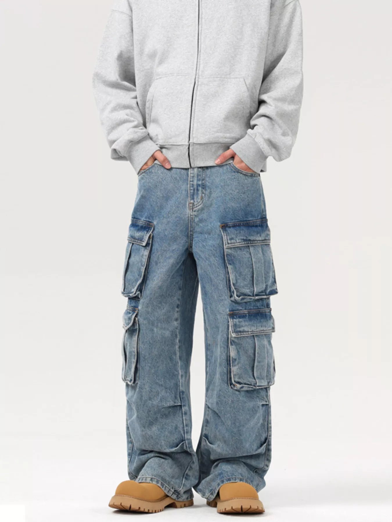 Men's Wash Multi-Pocket Cargo Jeans Blue