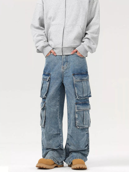 Men's Wash Multi-Pocket Cargo Jeans Blue