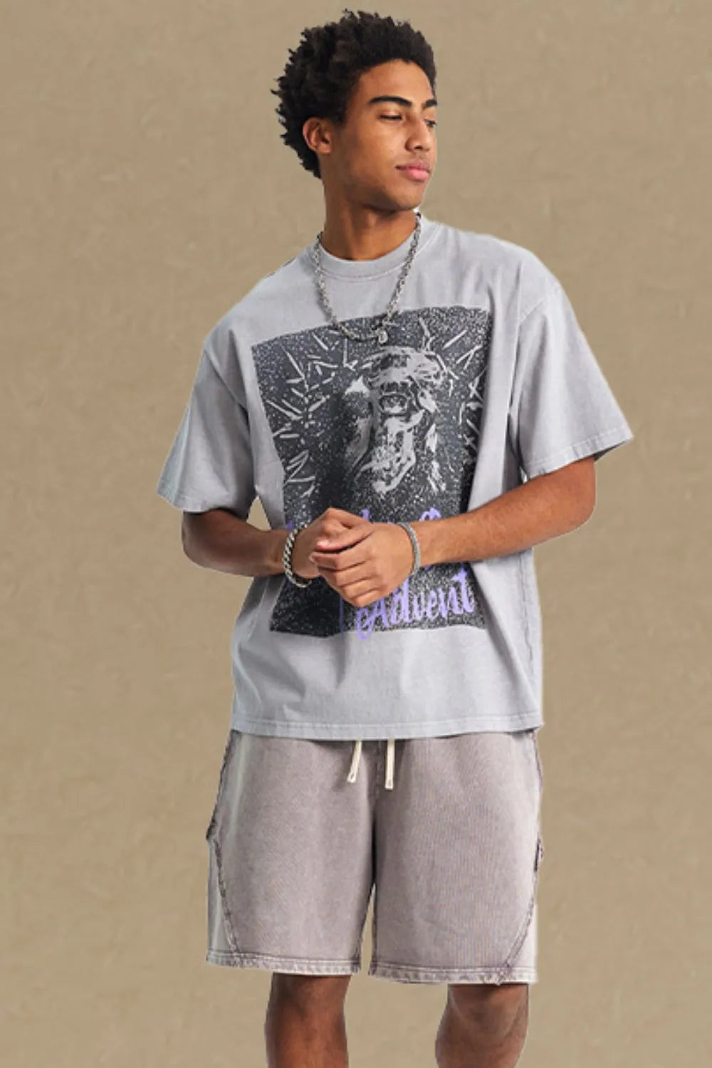 Men's Graphic Round Neck Short Sleeve T-Shirt Gray