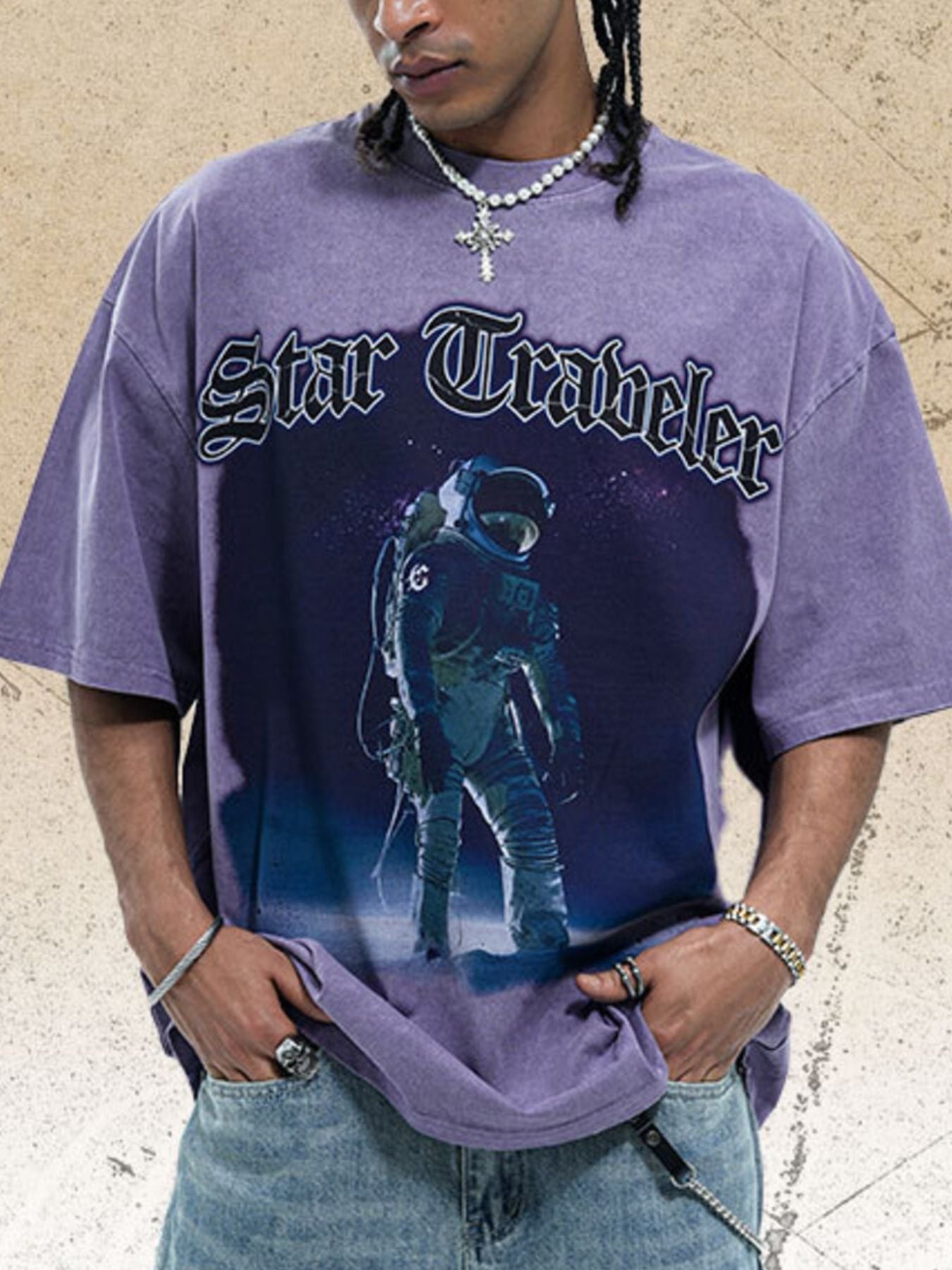 Men's Star Traveler Graphic Oversized T-Shirt Purple