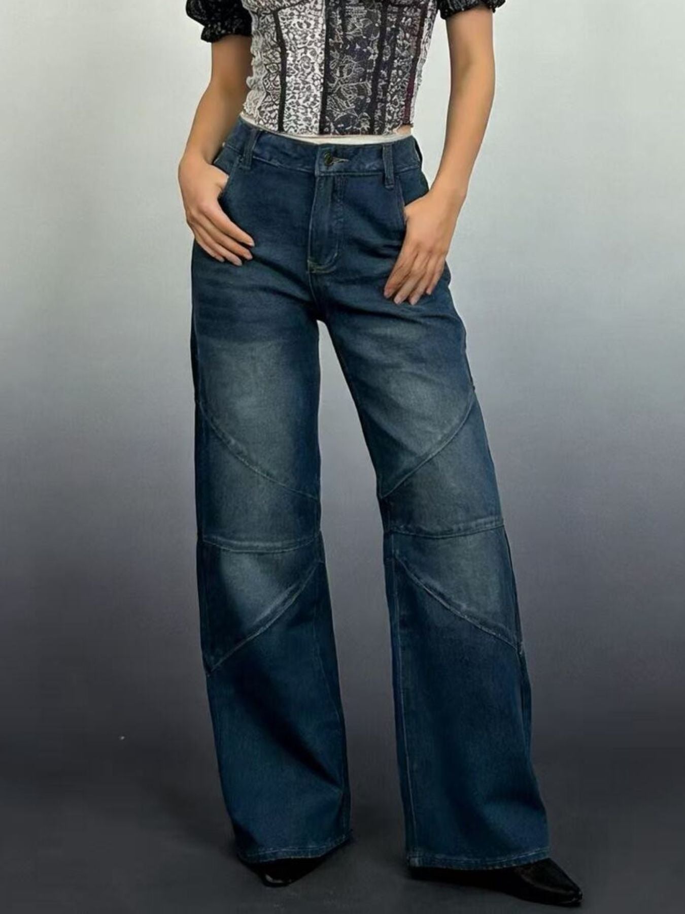Vintage Wash Wide Leg Jeans Dark Blue