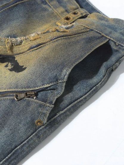Men's Distressed Cargo Jeans with Artistic Ripped Design