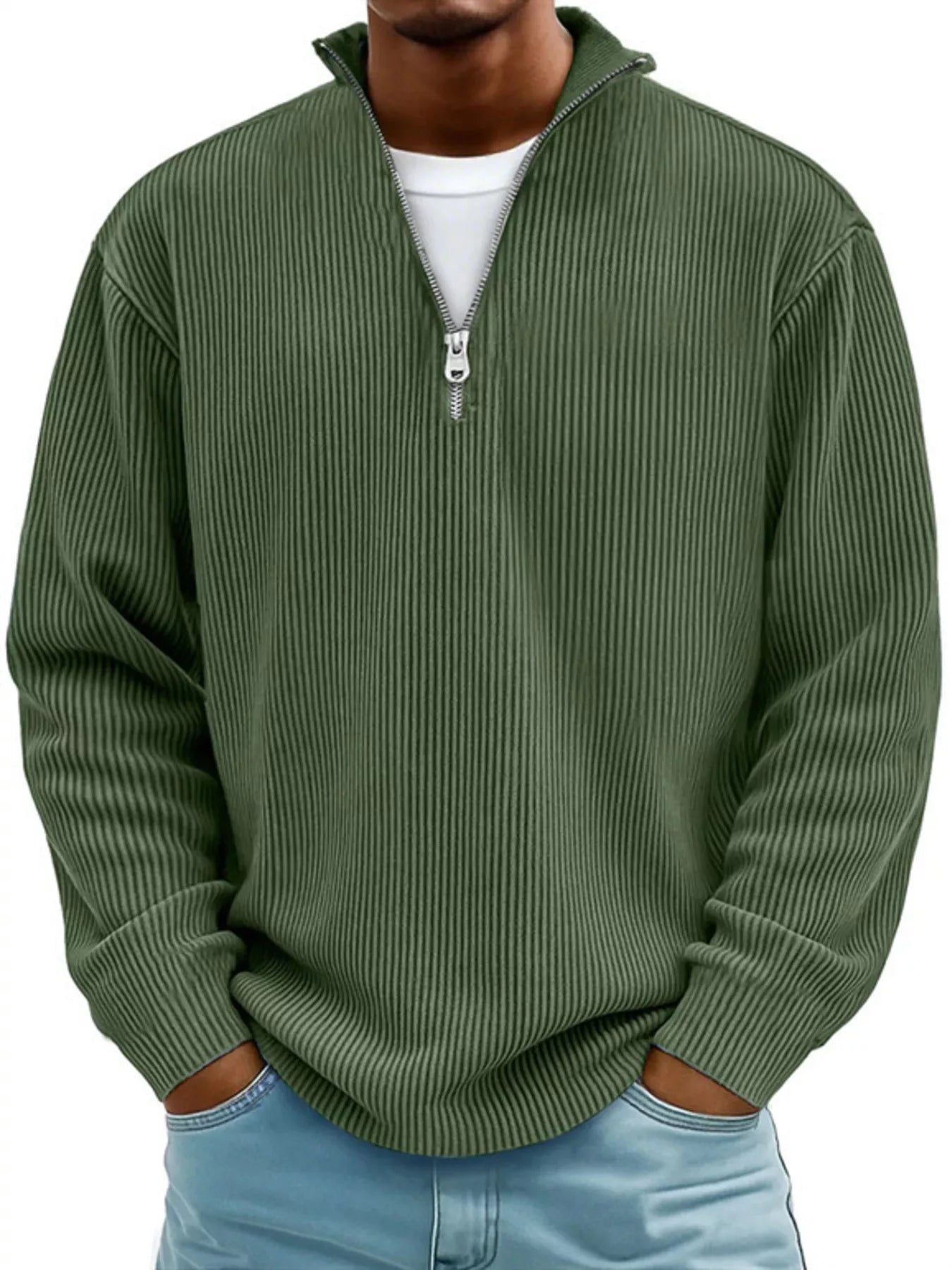 Men's Full Size Corduroy Quarter Zip Pullover Sweatshirt Green
