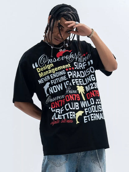 Men's Letter Round Neck Short Sleeve T-Shirt Black