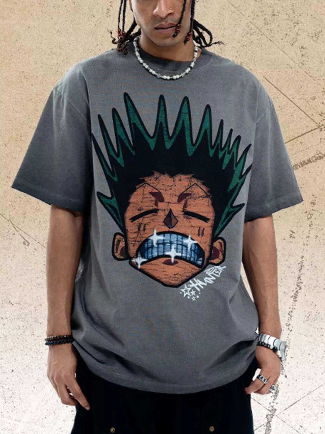 Men's Graphic Round Neck Oversized T-Shirt Grey