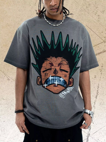 Men's Graphic Round Neck Oversized T-Shirt Grey