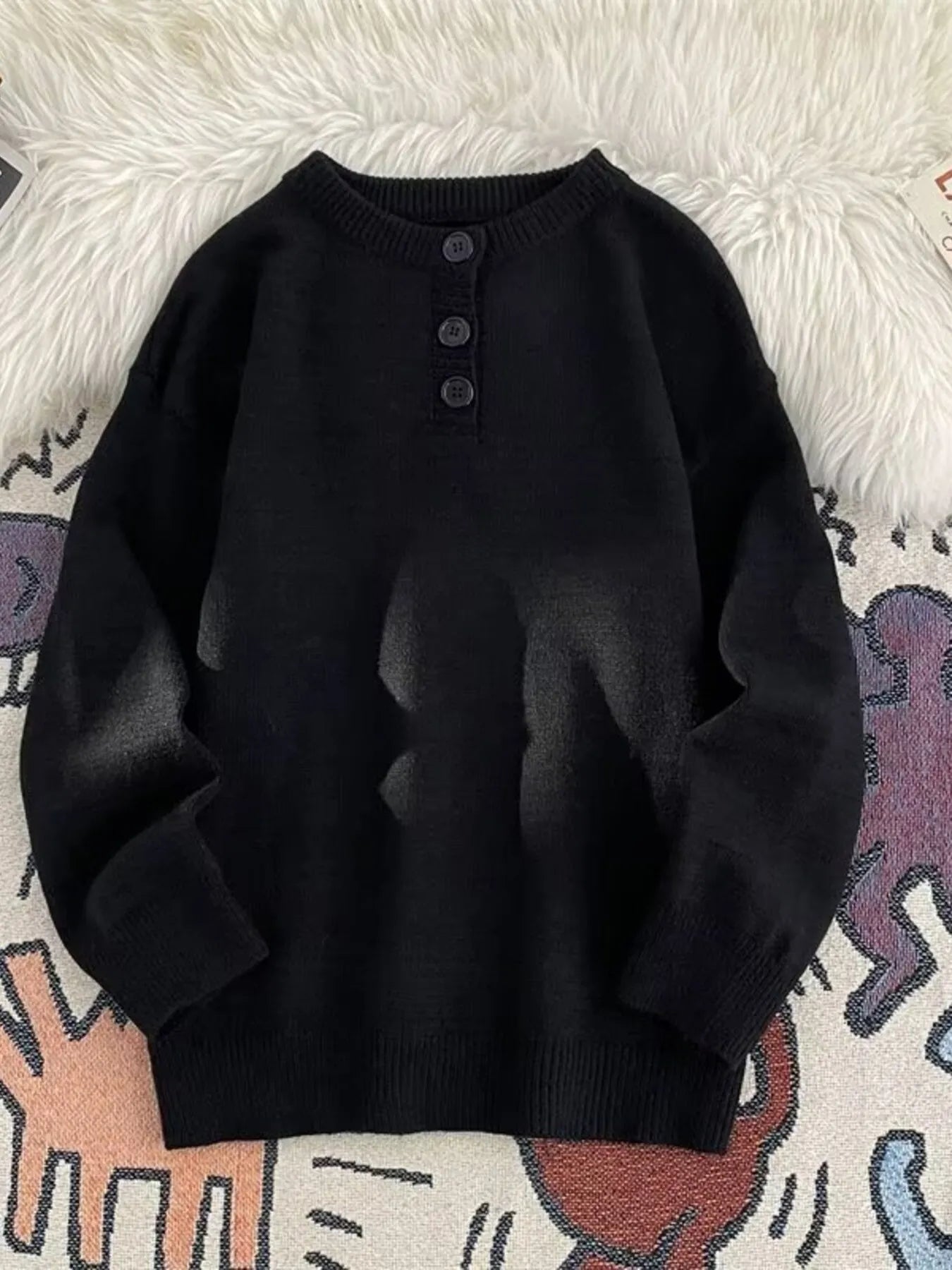 Men's Button Detail Long Sleeve Sweater Black