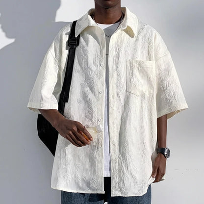 Men's Plus Size Floral Jacquard Short Sleeve Shirt Rice Apricot Color