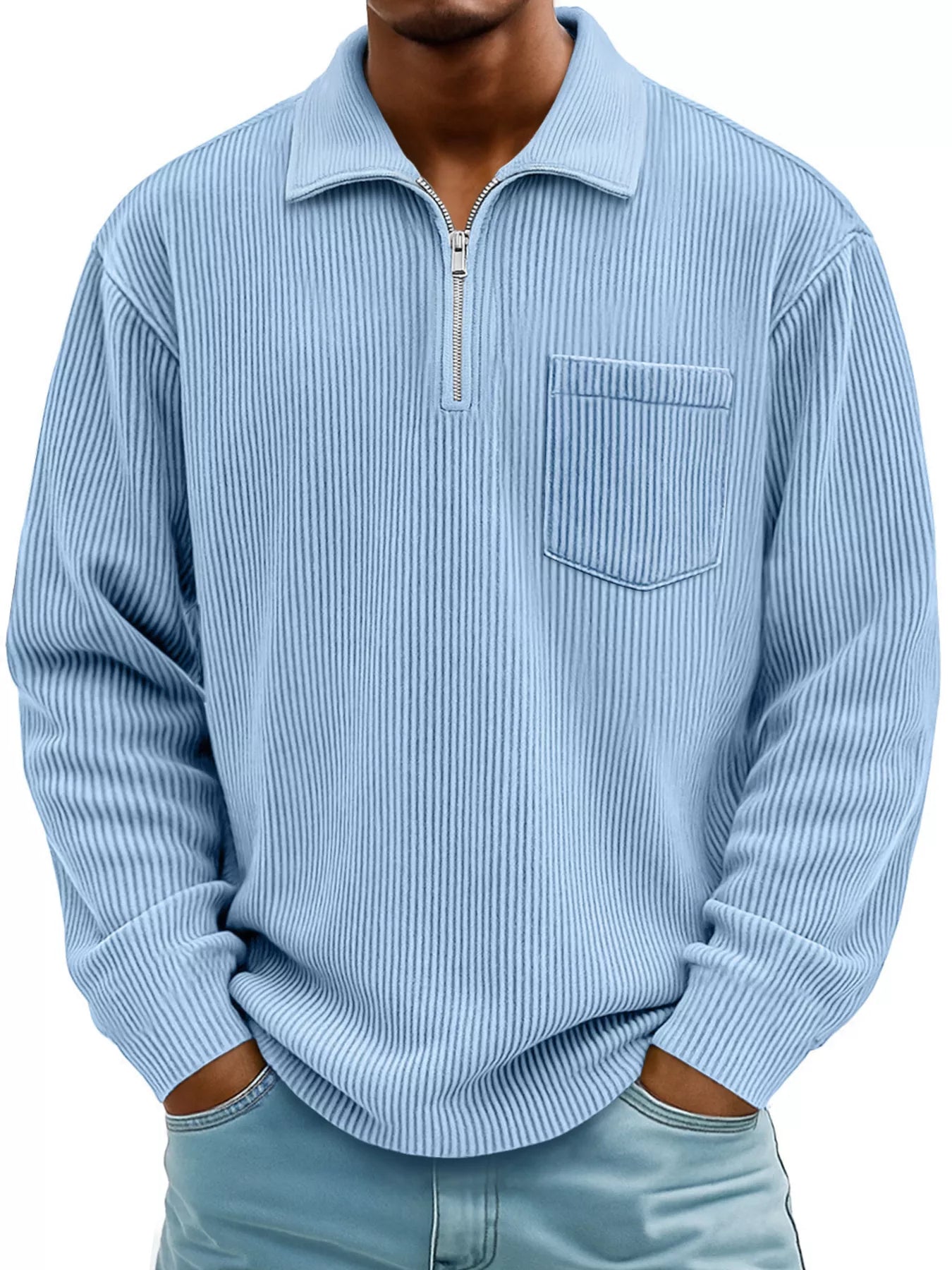 Men's Full Size Corduroy Half Zip Casual Top Plus Size Light Blue