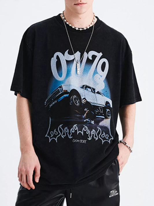 Men's Car Graphic Round Neck Oversized T-Shirt Black
