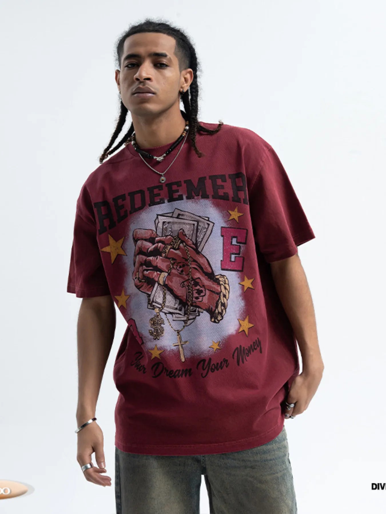 Men's Graphic Round Neck Short Sleeve T-Shirt Wine Red