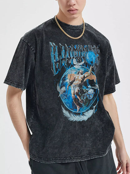 Men's Vintage Graphic Round Neck Oversized T-Shirt Black