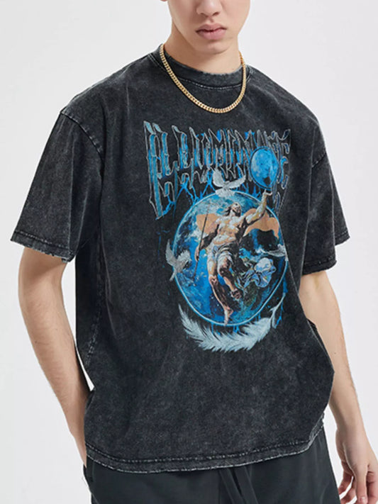Men's Vintage Graphic Round Neck Oversized T-Shirt Black