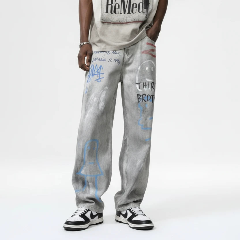 Men's Distressed Graffiti Print Wide Leg Jeans White Graffiti