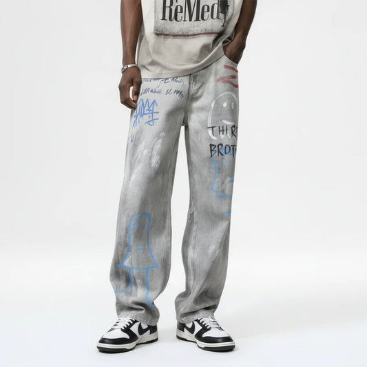 Men's Distressed Graffiti Print Wide Leg Jeans White Graffiti