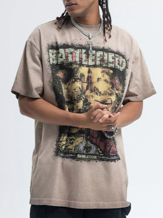 Men's Graphic Round Neck Short Sleeve T-Shirt Khaki