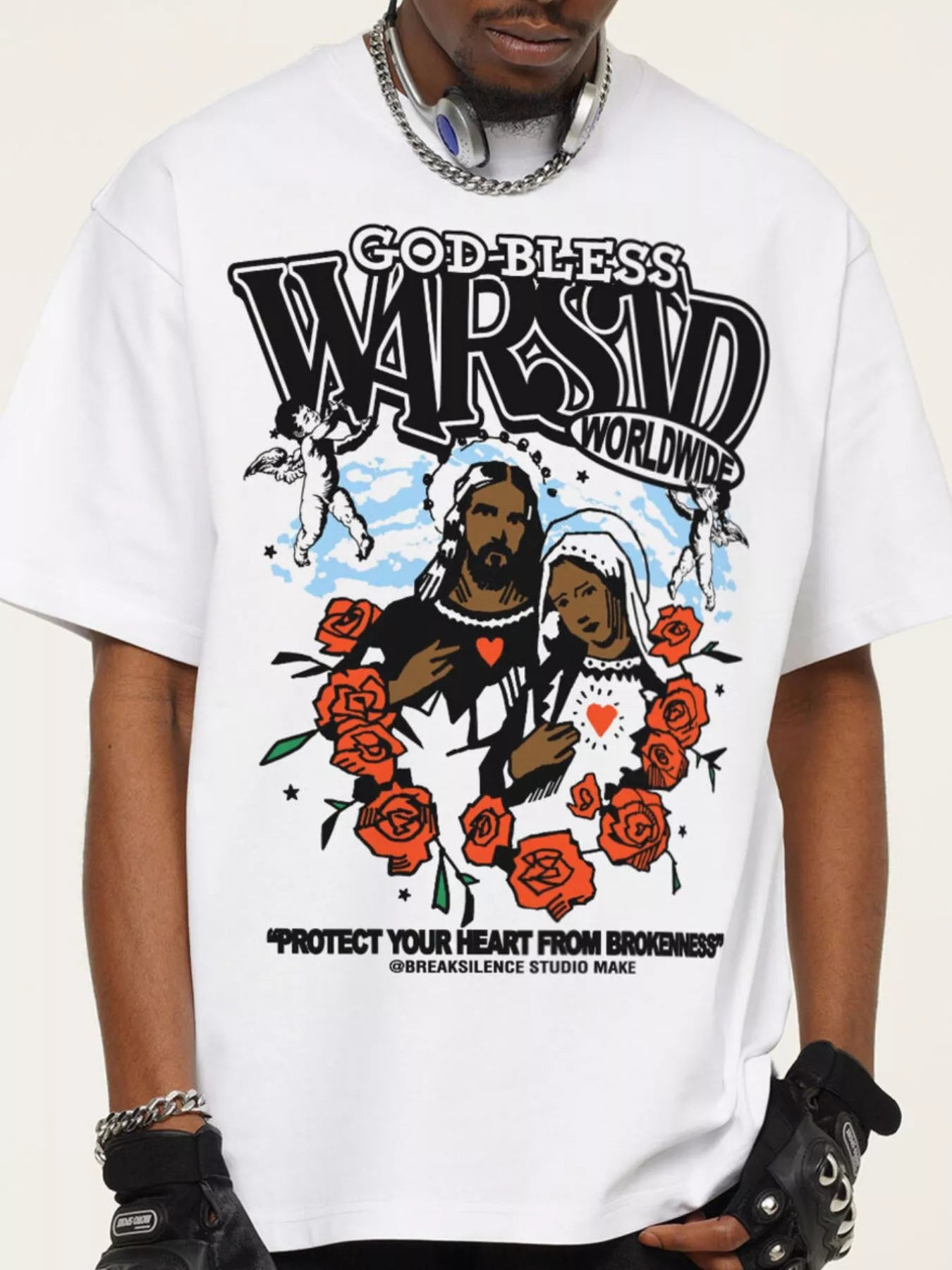 Men's God-Bless Graphic Print Vintage Wash T-Shirt White