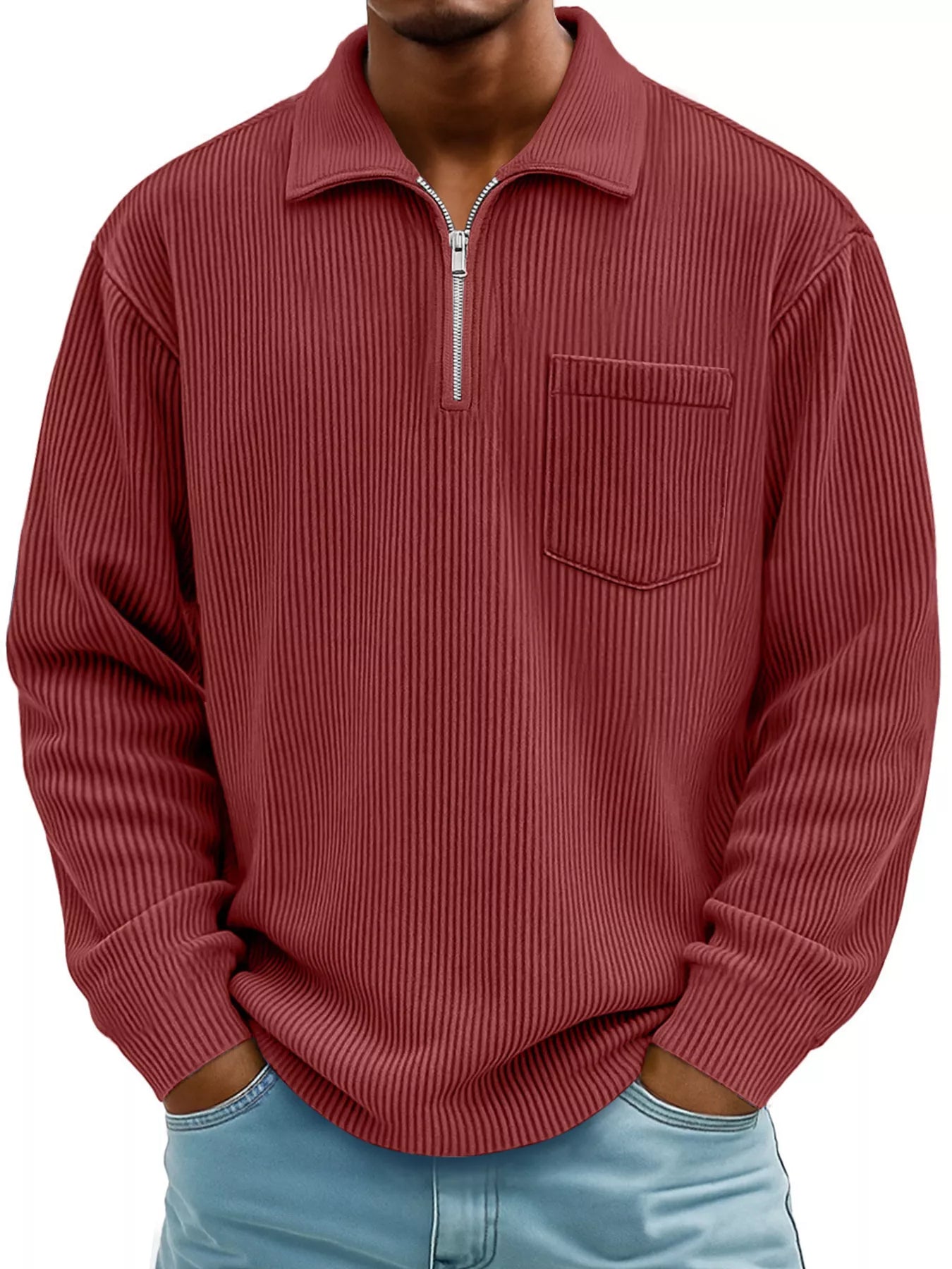 Men's Full Size Corduroy Half Zip Casual Top Plus Size Dark Brown