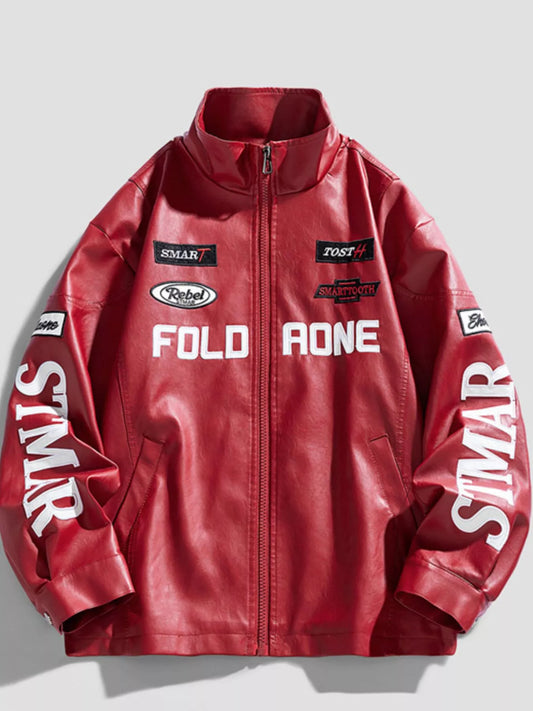 Men's Faux Leather Zip Up Jacket Red