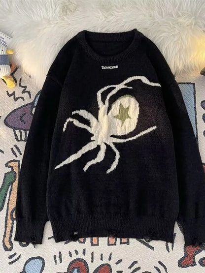 Men's Spider Graphic Distressed Hem Sweater Black