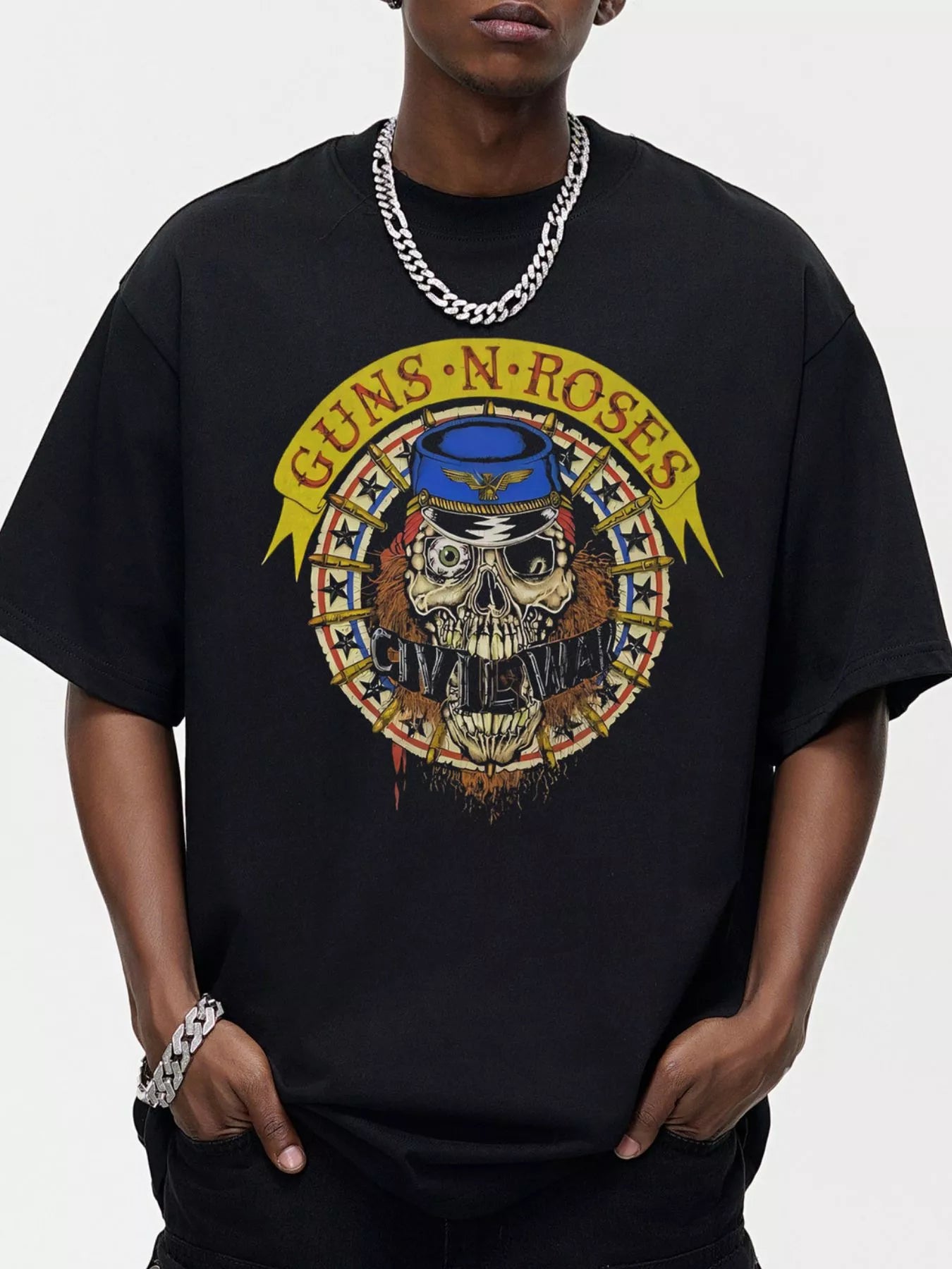 Men's Graphic Round Neck Oversized T-Shirt Black