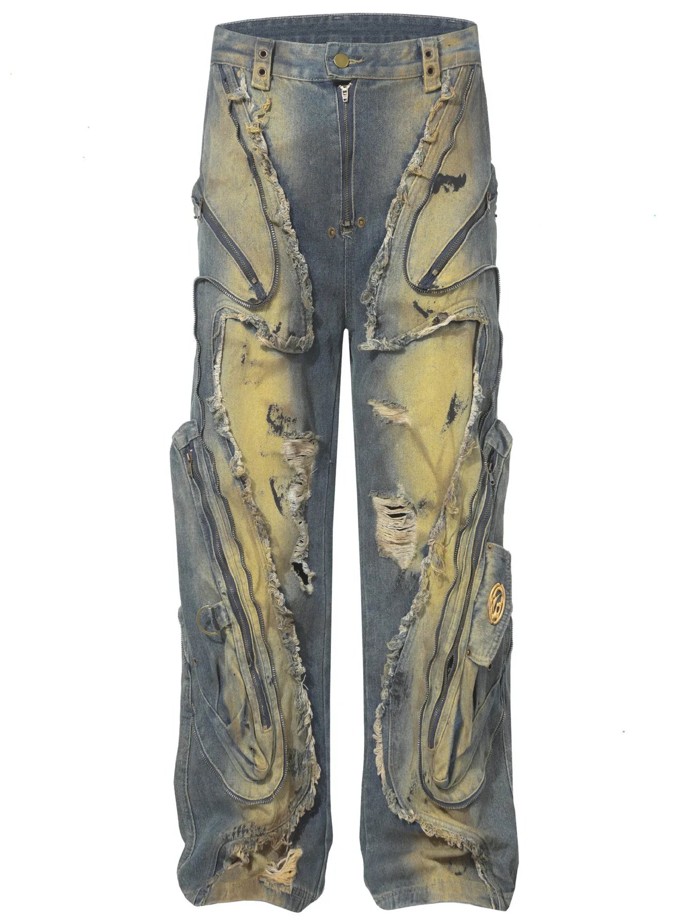 Men's Distressed Cargo Jeans with Artistic Ripped Design Vintage Blue