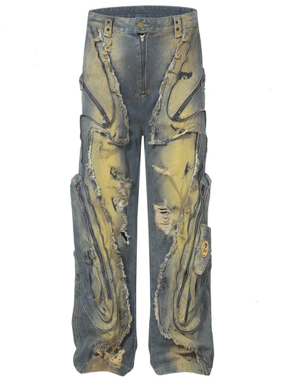 Men's Distressed Cargo Jeans with Artistic Ripped Design Vintage Blue