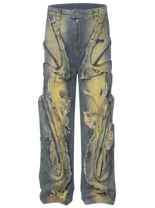 Men's Distressed Cargo Jeans with Artistic Ripped Design Vintage Blue