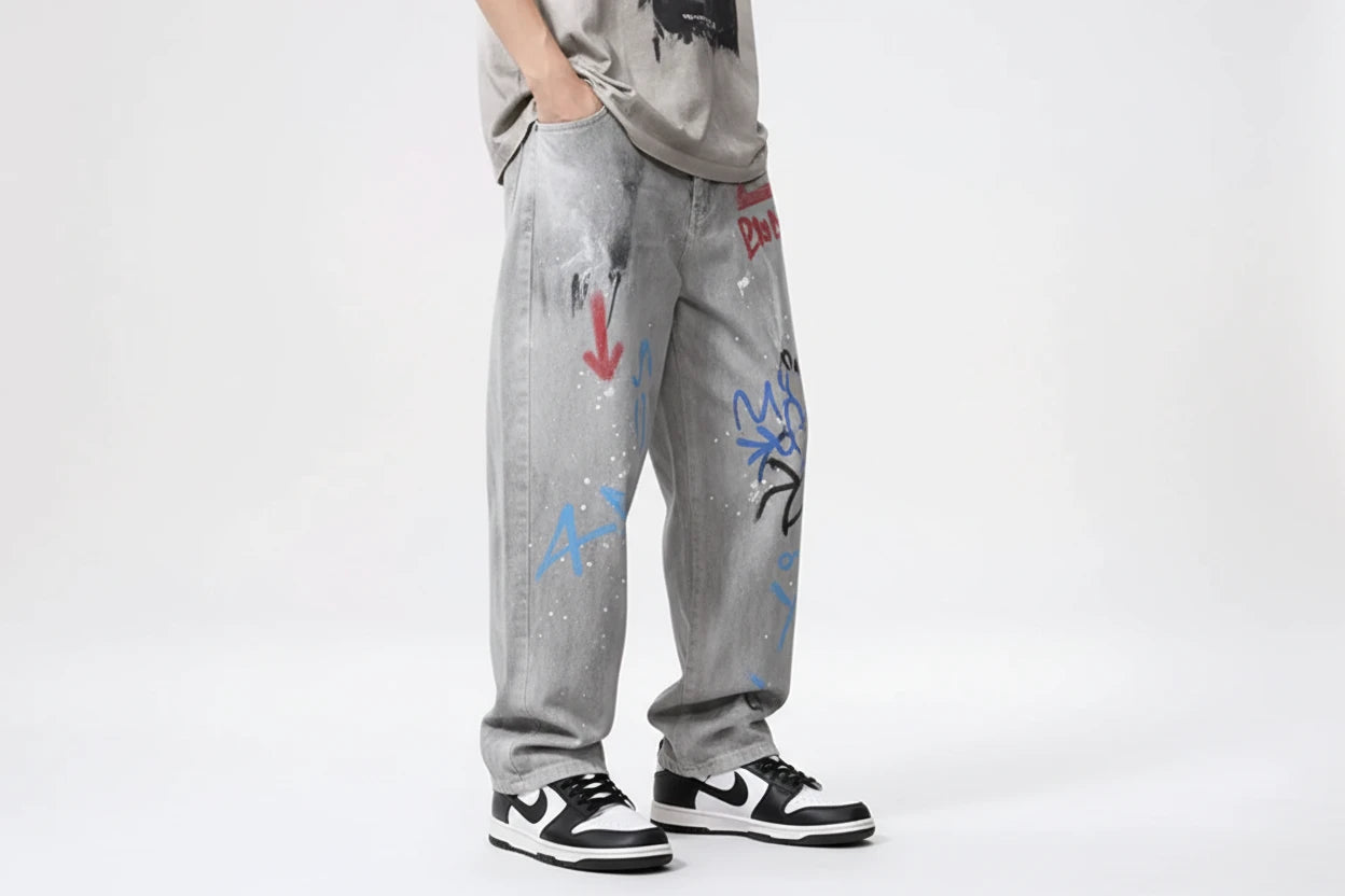 Men's Distressed Graffiti Print Wide Leg Jeans