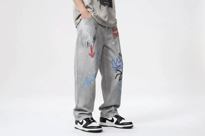 Men's Distressed Graffiti Print Wide Leg Jeans