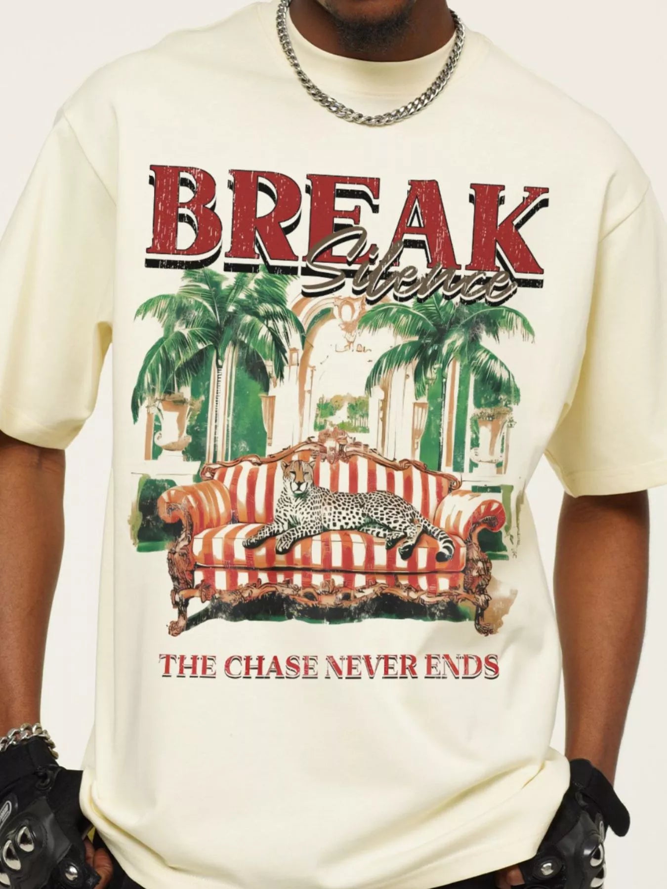 Men's Graphic Round Neck Oversized T-Shirt Cream