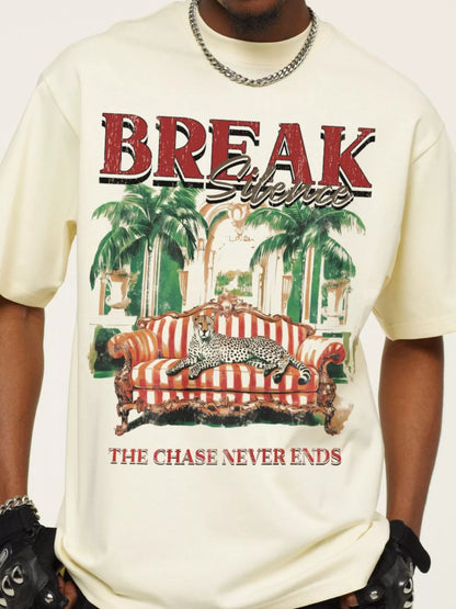 Men's Graphic Round Neck Oversized T-Shirt Cream