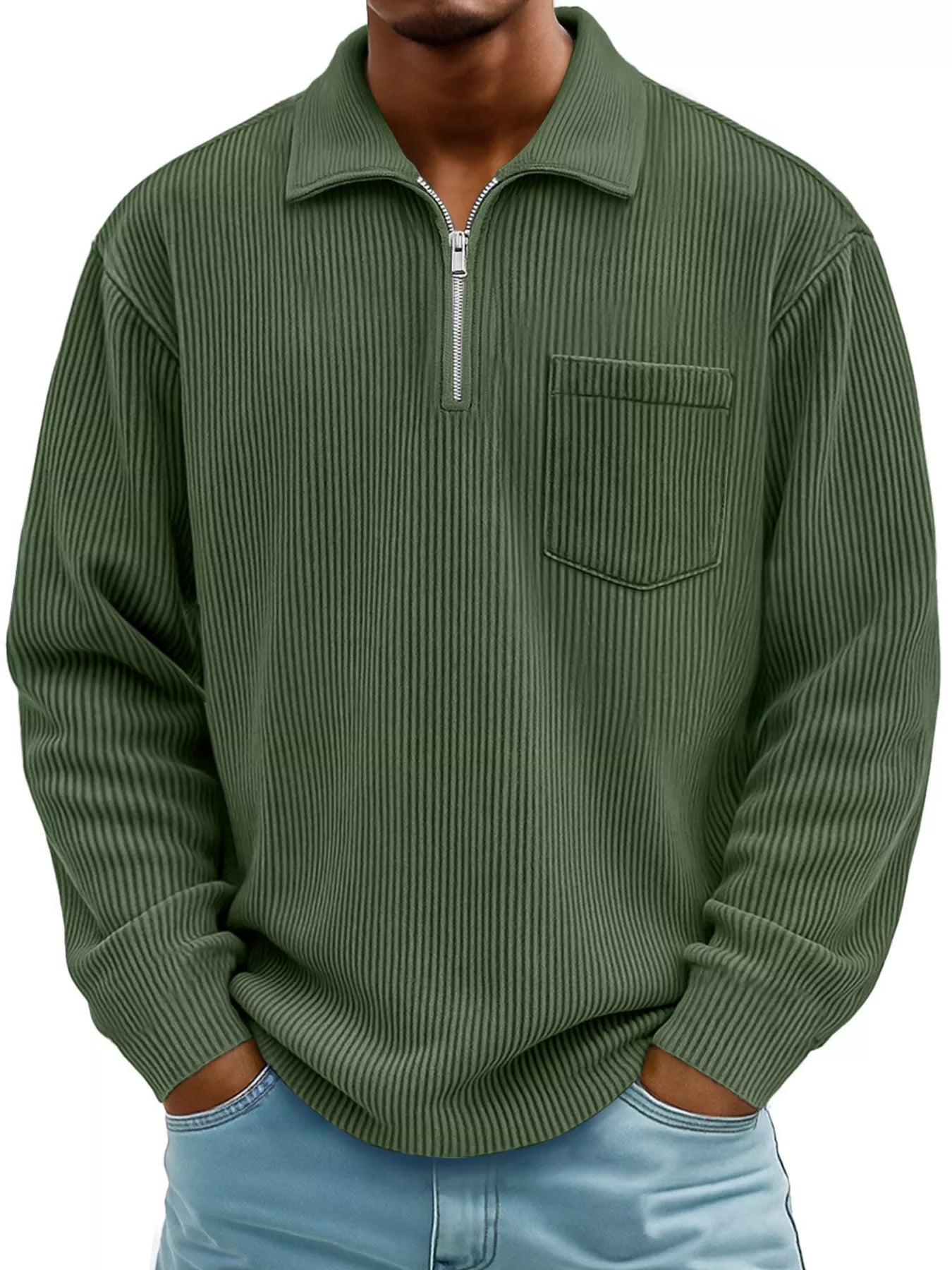 Men's Full Size Corduroy Half Zip Casual Top Plus Size Green
