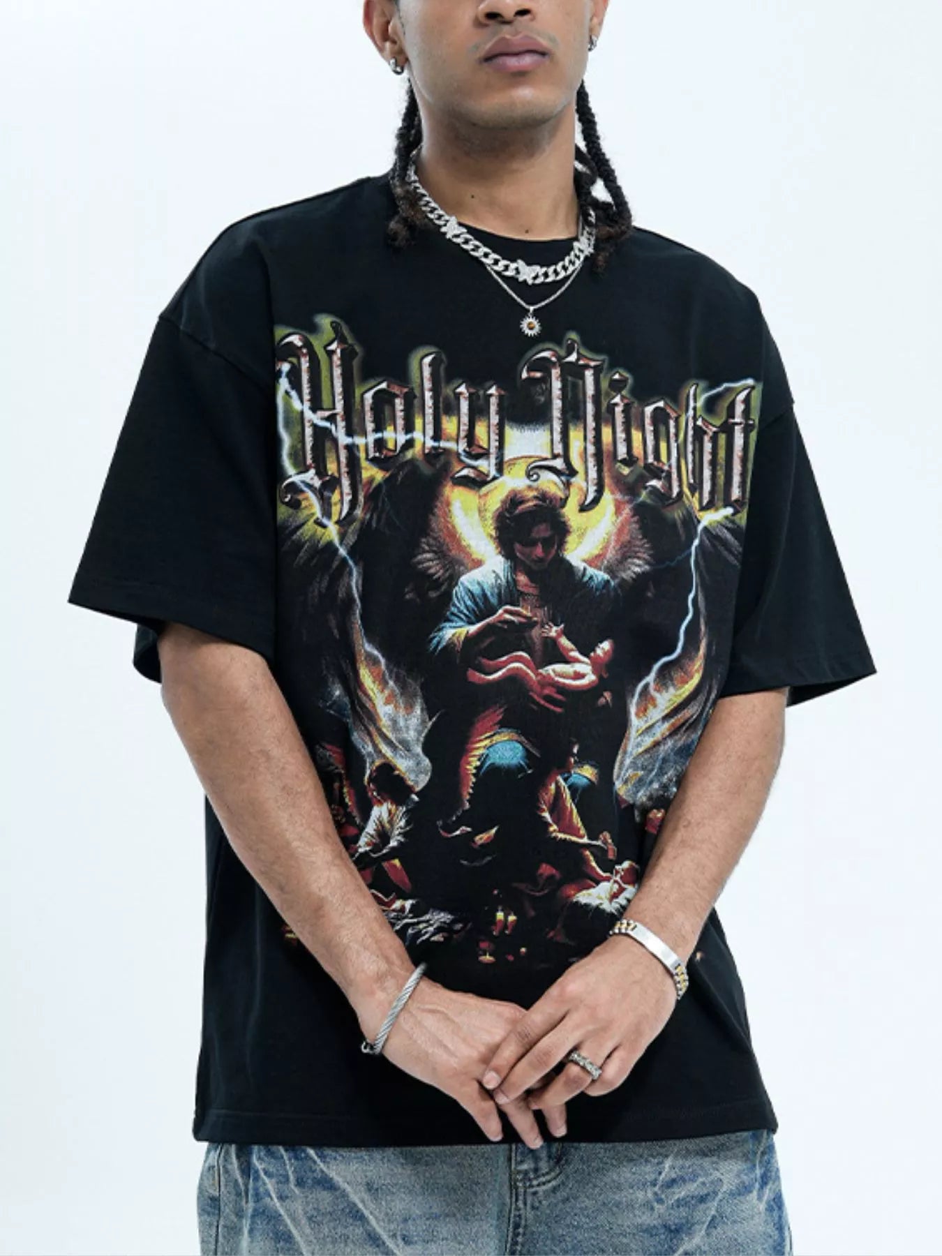 Men's Graphic Round Neck Oversized T-Shirt Black