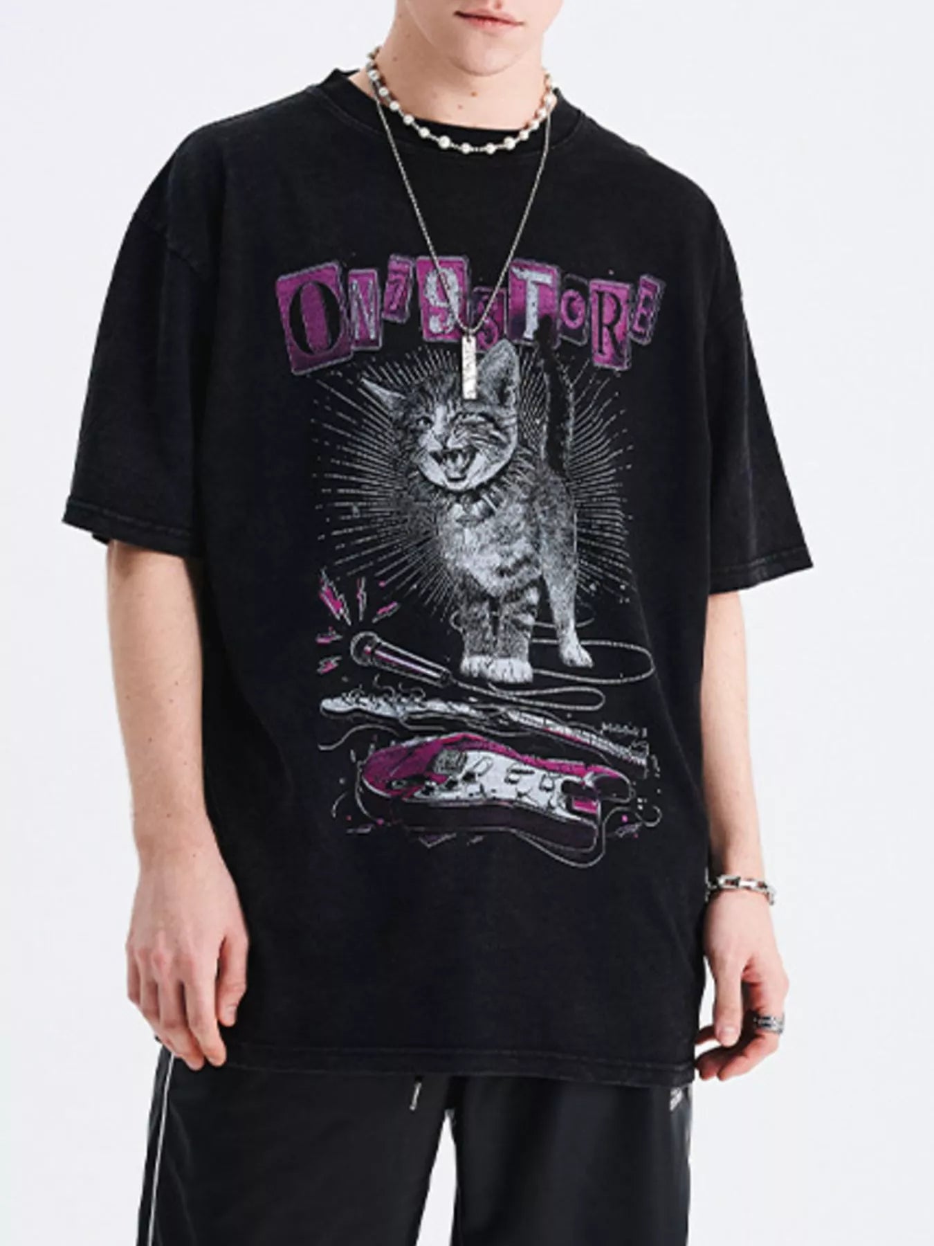 Men's Cat Graphic Oversized T-Shirt Wash Black