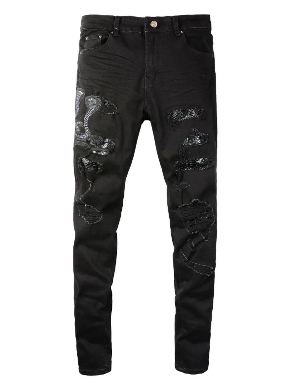 Men's Washed Snake Embroidered Slim Jeans Black