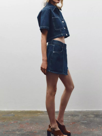 Button Up Short Sleeve Top and Skort Denim Set