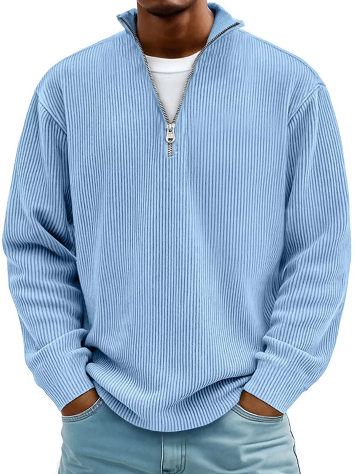 Men's Full Size Corduroy Quarter Zip Pullover Sweatshirt Sky Blue