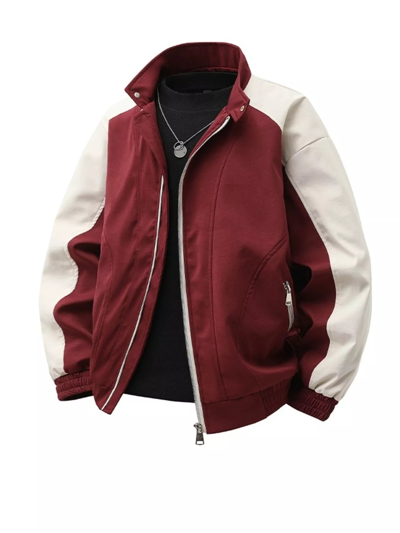 Men's Plus Size Color Block Casual Bomber Jacket Wine Red