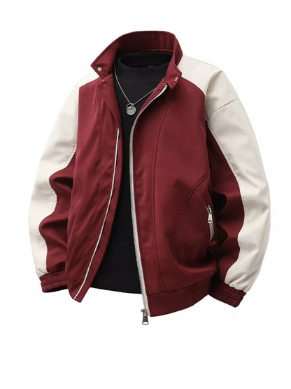 Men's Plus Size Color Block Casual Bomber Jacket Wine Red