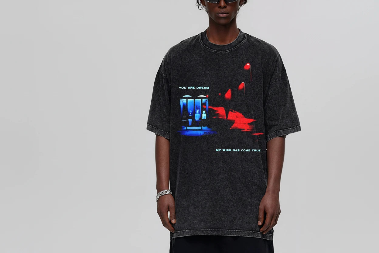 Men's Graphic Round Neck Oversized T-Shirt Dark Gray