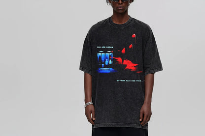 Men's Graphic Round Neck Oversized T-Shirt Dark Gray