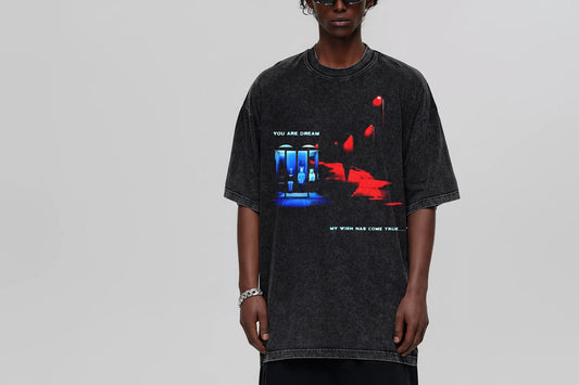 Men's Graphic Round Neck Oversized T-Shirt Dark Gray