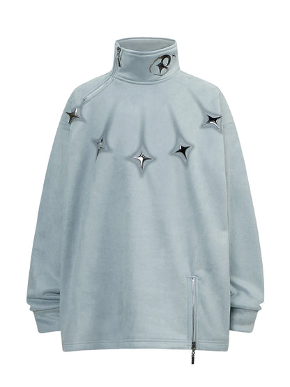 Men's Oversized Zipper Detail Turtleneck Sweatshirt Light Blue