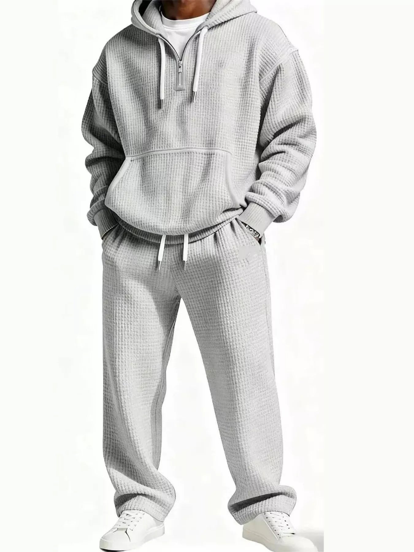 Men's Full Size Casual Waffle Knit Hoodie and Pants Set Plus Size Light Gray