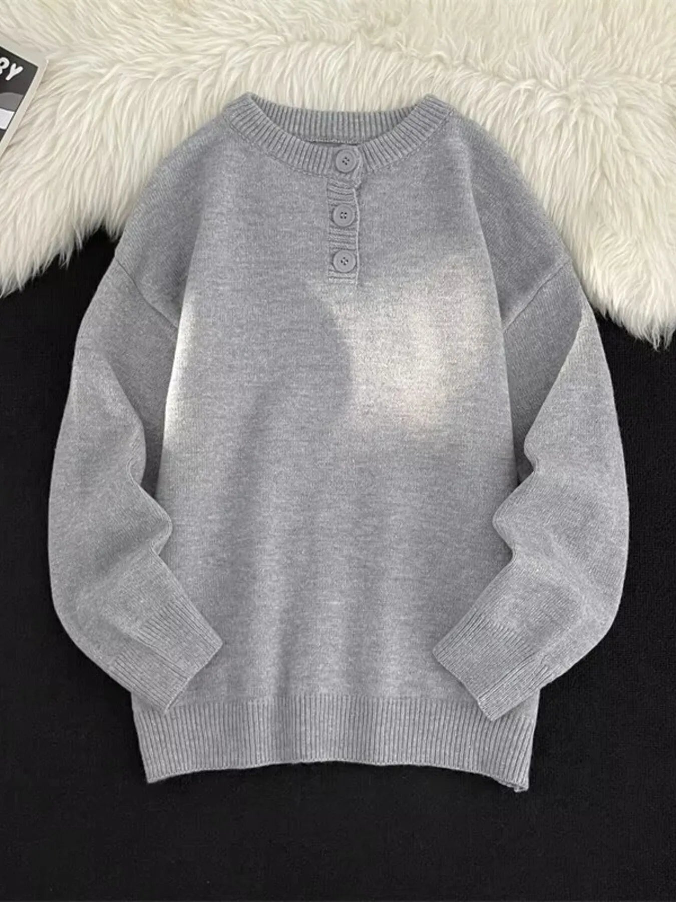 Men's Button Detail Long Sleeve Sweater Light Gray