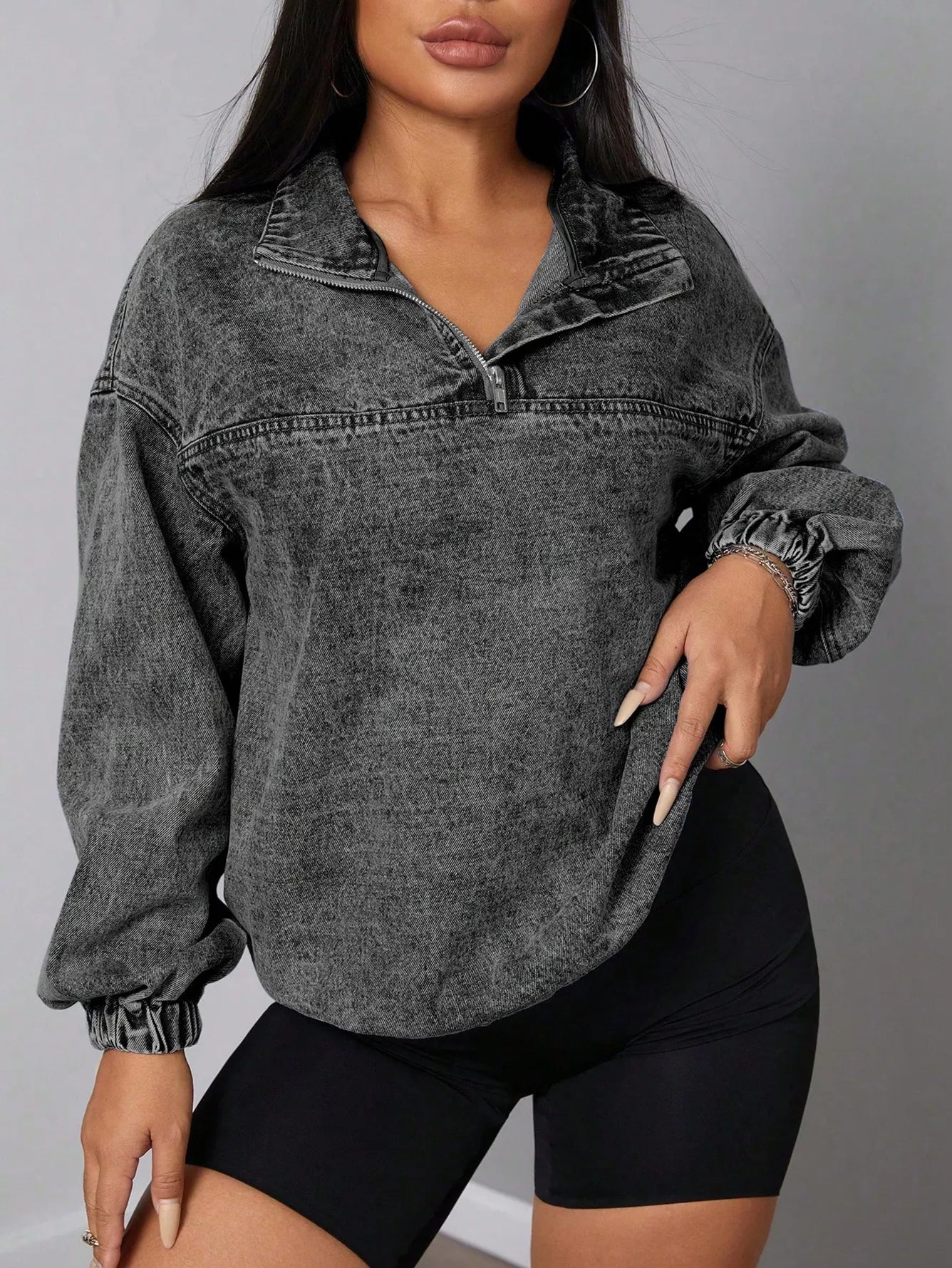 Elastic Hem Quarter Zip Denim Top Dark Gray