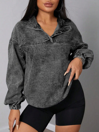 Elastic Hem Quarter Zip Denim Top Dark Gray
