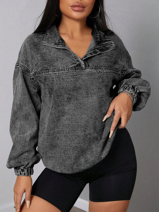 Elastic Hem Quarter Zip Denim Top Dark Gray